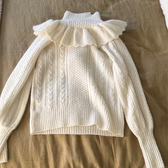 Madewell Zanzibar Cream Ruffled Turtleneck Cable-knit Sweater - Picture 4 of 4